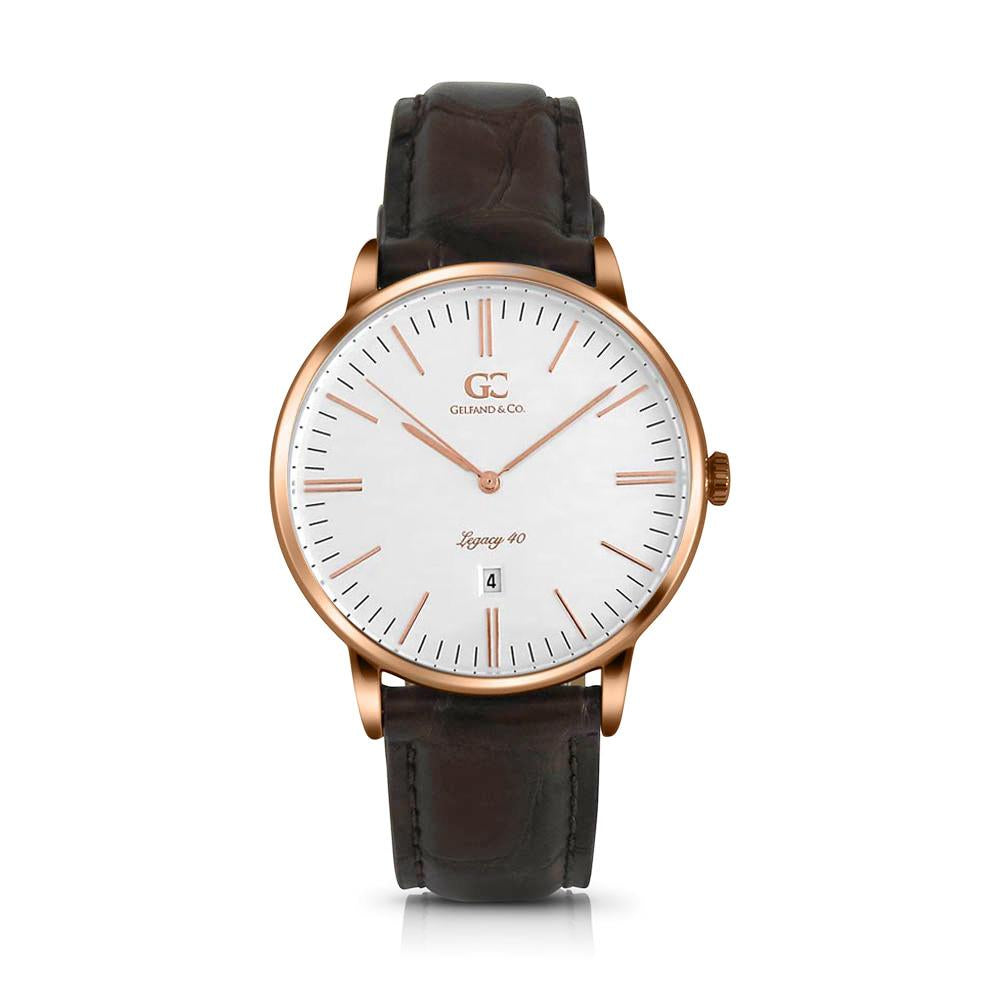 40mm Essex TL14012 White Rose Gold Brown Crocodile Leather Men's Watch