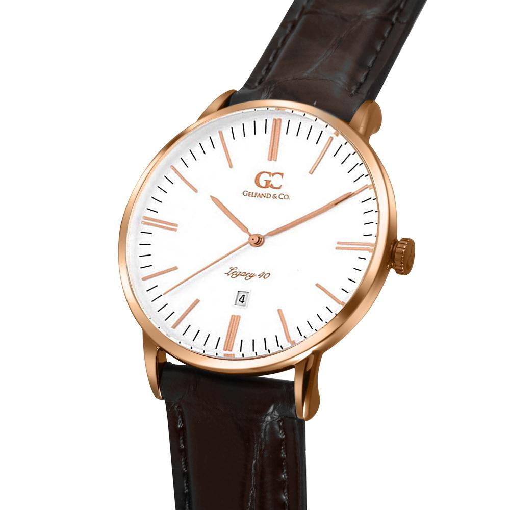 40mm Essex TL14012 White Rose Gold Brown Crocodile Leather Men's Watch