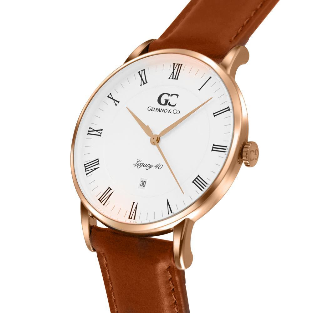 40mm Hubert RN14006 White Rose Gold Light Brown Leather Men's Watch