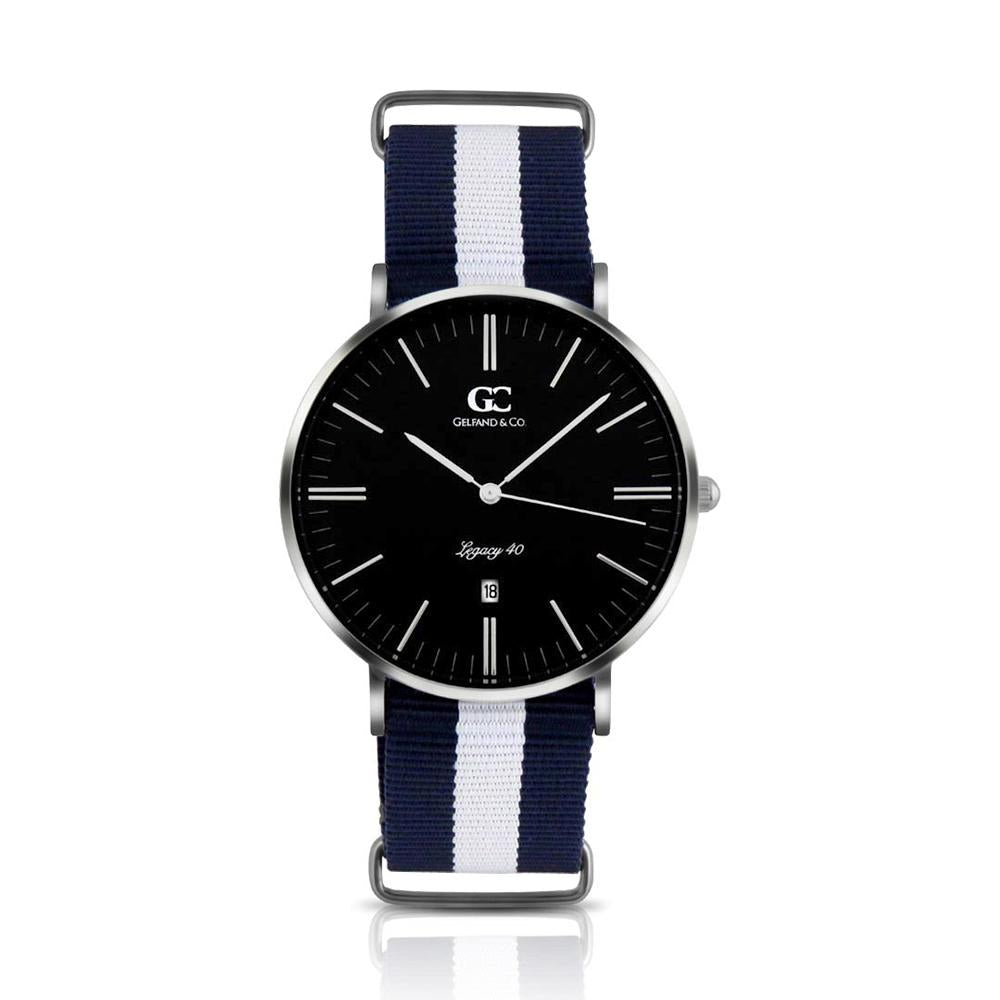 40mm Liberty TL14027 Black White Navy Blue Silver Nato Nylon Band Strap Men's Watch