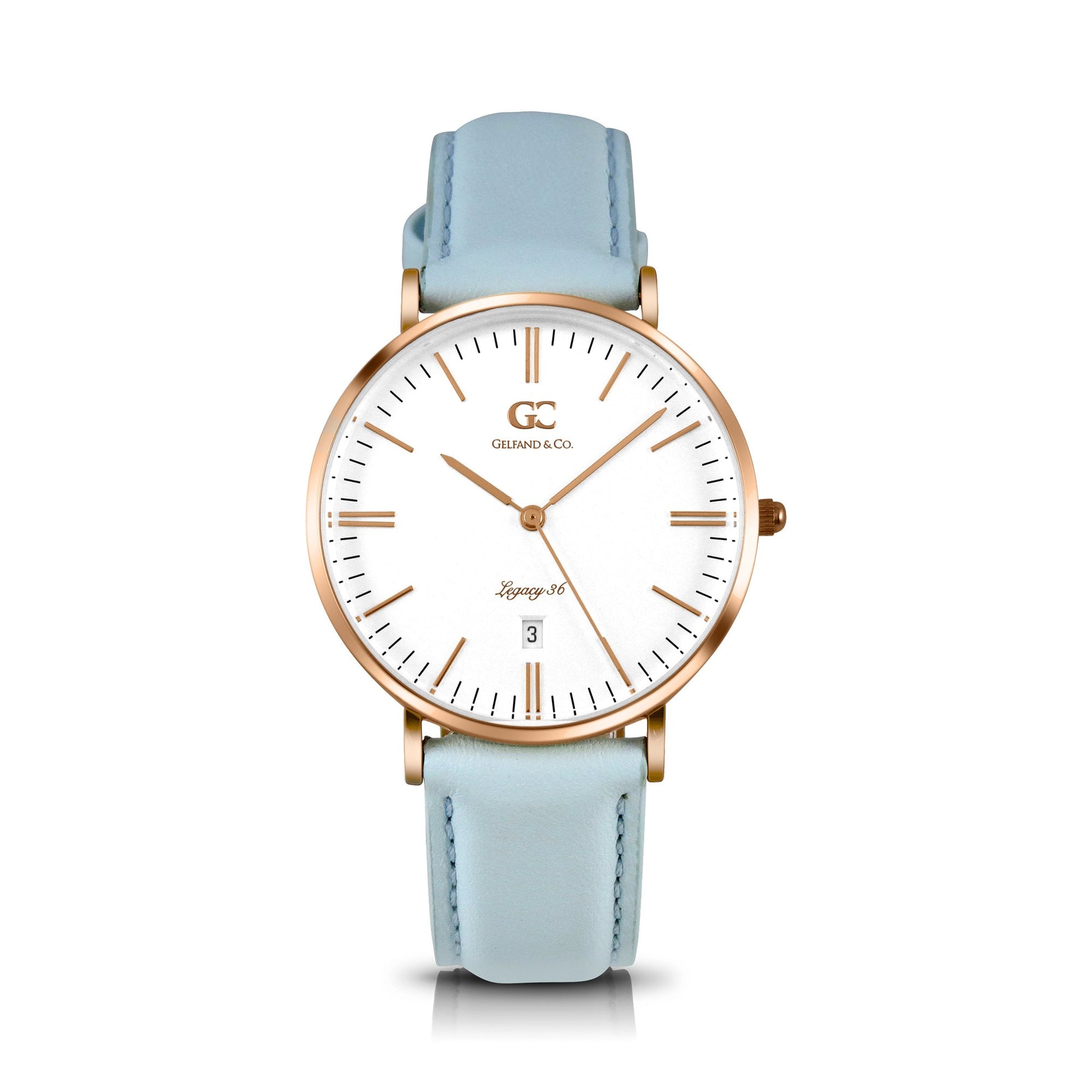 36mm Oak TL13618 White Rose Gold Light Blue Leather Women's Watch