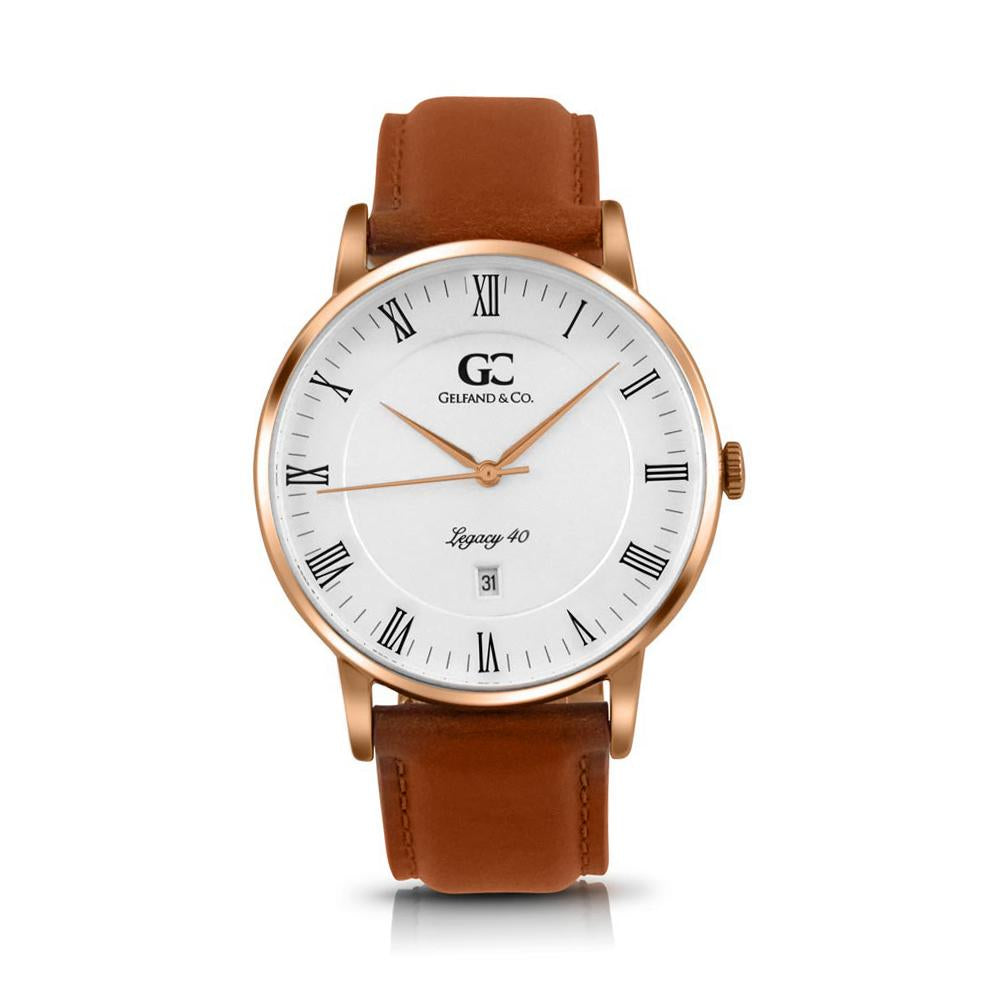 40mm Hubert RN14006 White Rose Gold Light Brown Leather Men's Watch