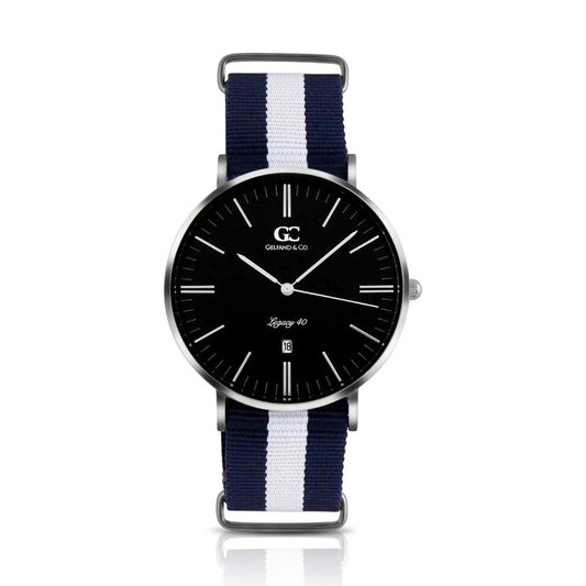 40mm Liberty TL14027 Black White Navy Blue Silver Nato Nylon Band Strap Men's Watch